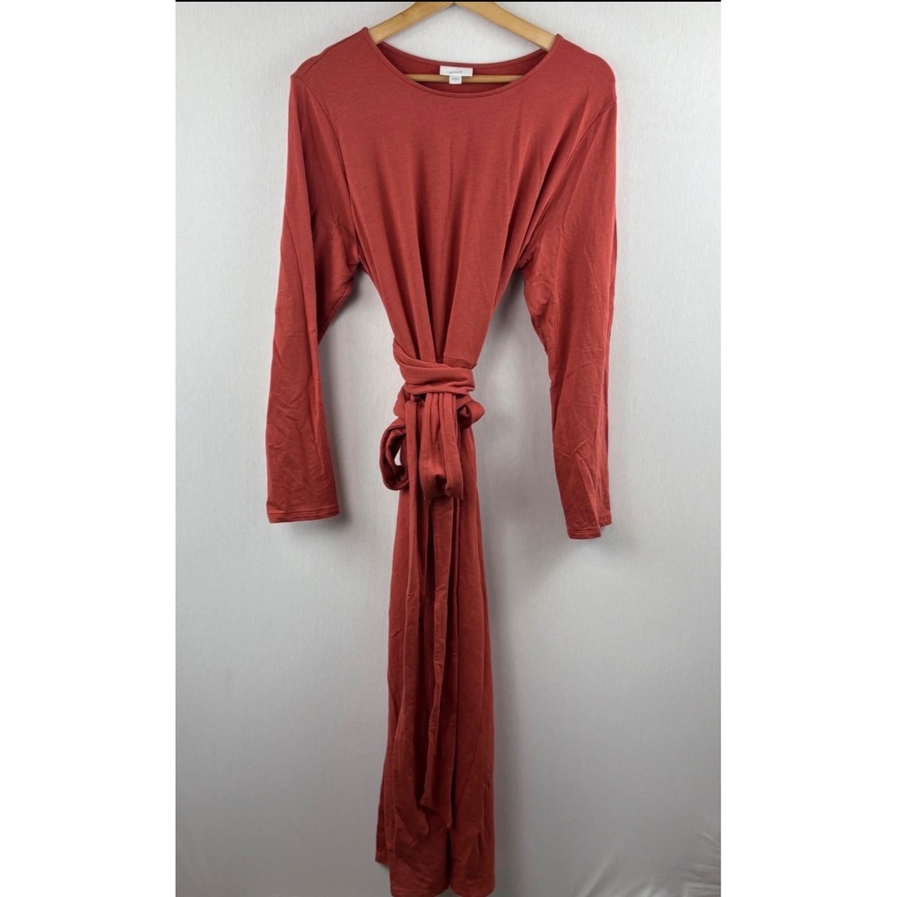 Pure Jill Maxi Dress Women Large Orange Long Sleeve Pima Cotton Blend Tie Waist